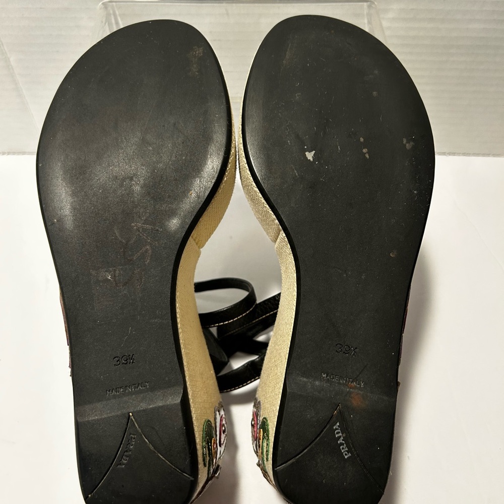 Prada Black and Cream Wedge Sandals with Floral Embroidery - Picture 7 of 10